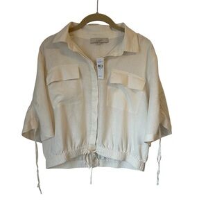 LOFT Cream Short Sleeve Chest Pocket Button Down Drawstring Elastic Hem Top Med